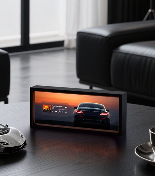 Auto-Themed LED Desk Lamp with Music Interface - Dark Wood Table Setting