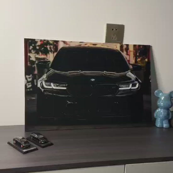 BMW M4 Black Glowing Wall Decor with Carbon Fiber Textures & Industrial Backdrop