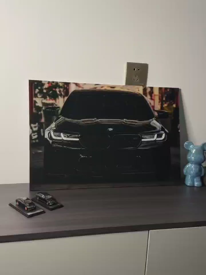 BMW M4 Black Glowing Wall Decor with Carbon Fiber Textures & Industrial Backdrop